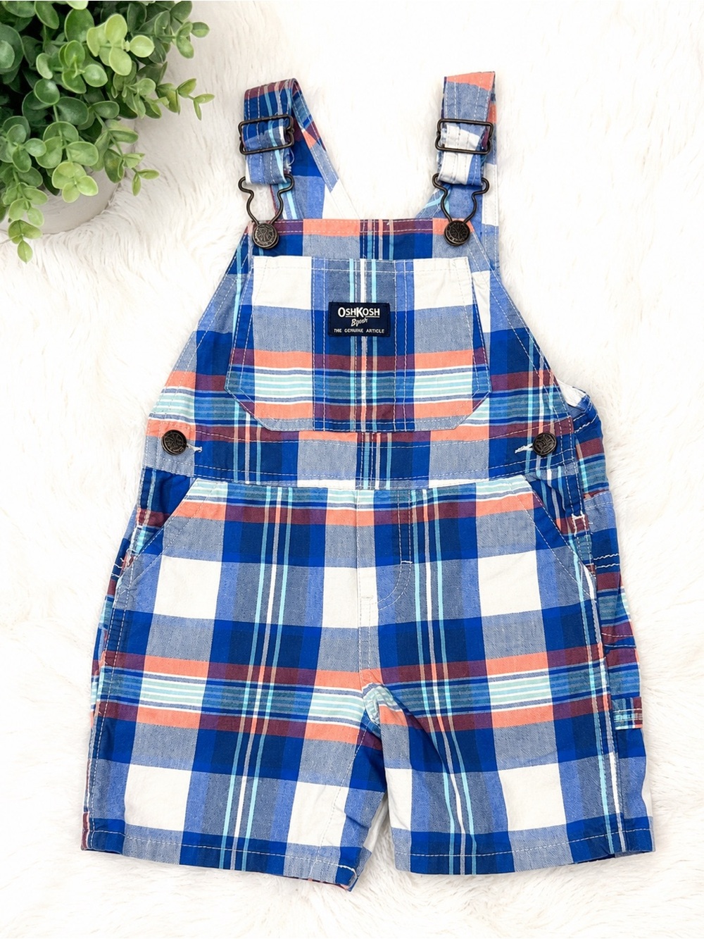 OshKosh B’gosh Plaid Shortalls Baby Boy 18M Blue Orange White Cotton Overalls